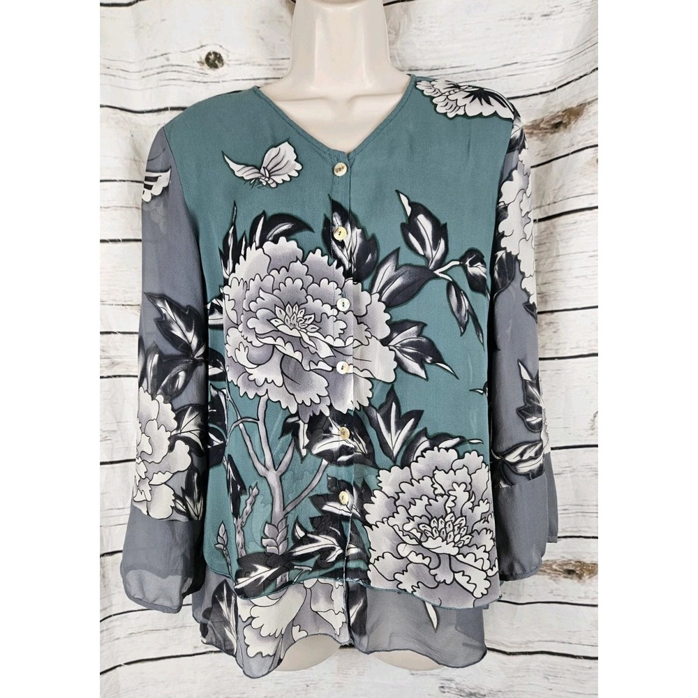 Citron Santa Monica Asian Floral 100% Silk Top M Chiffon Layered Green Button Up